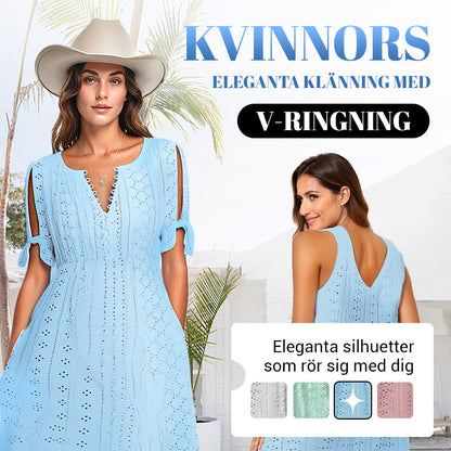 ⏰Begränsad tid 50% rabatt🌸 Elegant klänning med V-ringning och broderie anglaise för dam