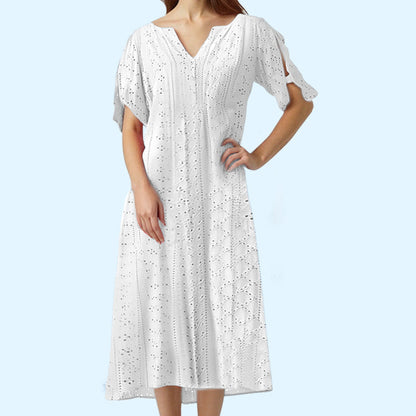 ⏰Begränsad tid 50% rabatt🌸 Elegant klänning med V-ringning och broderie anglaise för dam
