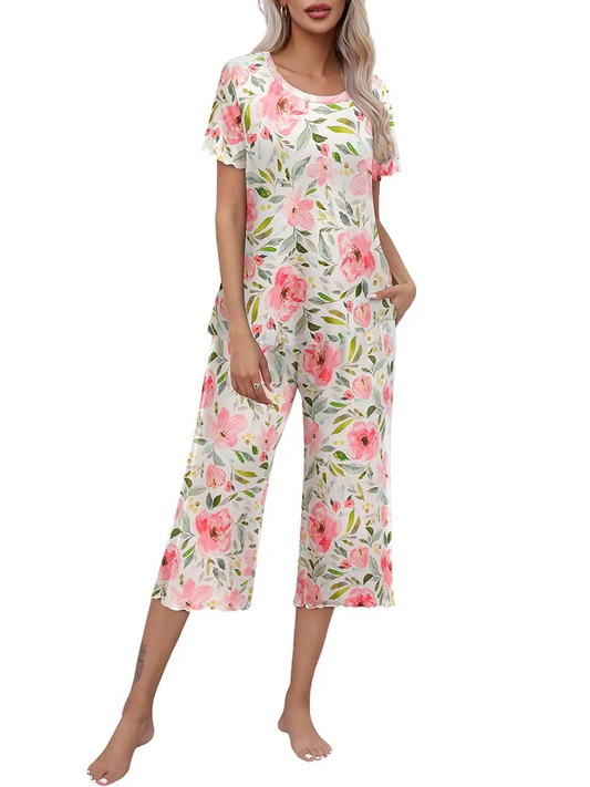 Het rea kvinnors tryckta kortärmade topp med beskurna byxor casual pyjamasset