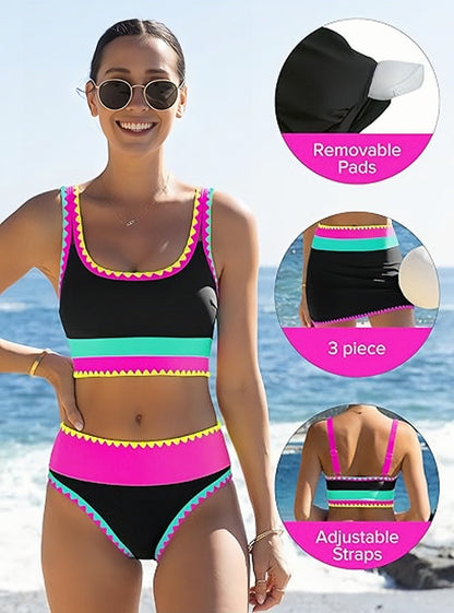 🔥🎁Nyhet 54 % RABATT🔥🌼 Färgblockerad Sportig 3-delars Bikiniset i Nylon – Högmidja med Magekontroll 👙