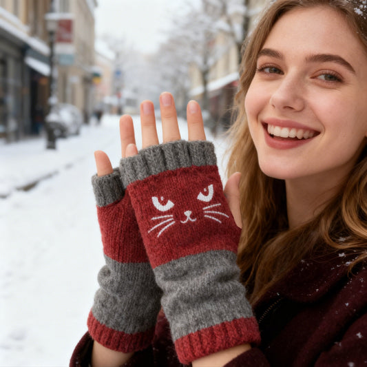 ⚡ Julrea 50% Rabatt! 🎉 Varma & Mysiga Stickade Fingerlösa Handskar – Sött Kattmönster för Kvinnor 🧤🐱📦