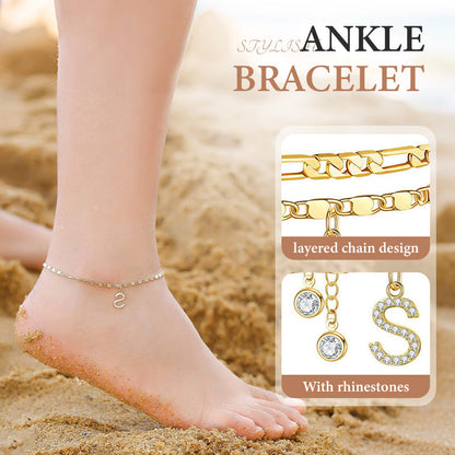 ✨ Köp 1 få 1 gratis! 💛 Lager-på-Lager Guld Ankelarmband för Kvinnor – Rhingsten, Justerbar & Perfekt Strandsmycke 🏖️