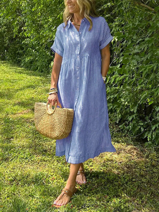 💗Sommarrea - 50% rabatt💗 Randig lång V-ringad skjortklänning för kvinnor