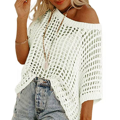 🎁2025 Ny het försäljning - Dam sommar scoop hals kortärmad tröja casual virkade ihåliga stickade toppar pullover skjortor strand täckning