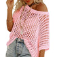 🎁2025 Ny het försäljning - Dam sommar scoop hals kortärmad tröja casual virkade ihåliga stickade toppar pullover skjortor strand täckning