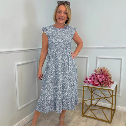 💃 Elegant blommig klänning med hög midja och manschetter för damer