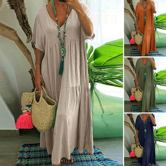 👗 50% RABATT NU! 🌿 Kvinnors Kortärmad Maxiklänning – Avslappnad V-ringning, Bomullsblandning & Golvlängd – Perfekt För Strand eller Vintagefester ✨