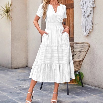 👗 Nyhet 50% RABATT 🎁 | Kortärmad V-ringad Långklänning – Flödande & Sommarchic
