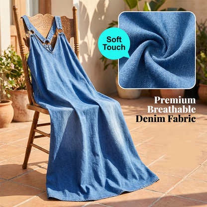 👗 60% RABATT! 🥰 Avslappnad, Lös Denim-Maxi Klänning med V-ringning – Bekväm, Mångsidig & Perfekt För Vardagsbruk 🌸