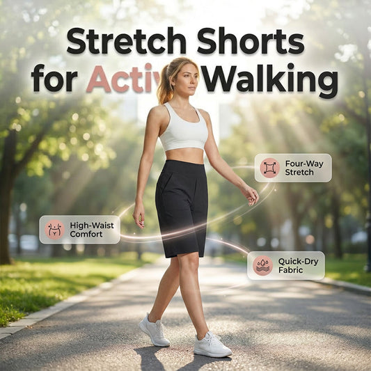 🩳 50% RABATT NU! 🚶‍♀️ Kvinnors stretch promenadshorts – 4-vägs stretch, hög midja & knälängd – Andningsbara, djupa fickor & skavfri – perfekta för vandring, resor eller vardag 🌸