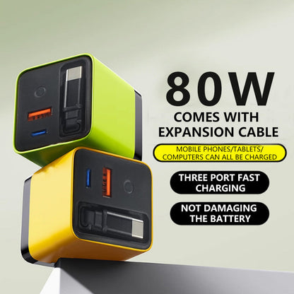 🔌50 % RABATT! 80W snabbladdare med infällbar 80 cm lång Type-C-kabel – väggladdare med 3 portar för flera enheter, säker snabbladdning för mobiler, surfplattor och bärbara datorer