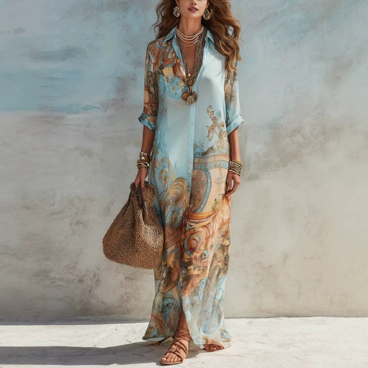 ✨ Exklusivt – 50 % RABATT! 👗 Elegant boho-klänning med knäppning – retro-mönster, flödande siluett & perfekt för fest, semester & vardag 🌿