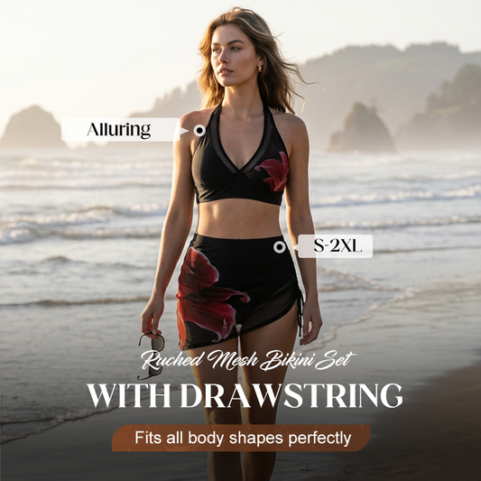 🌹3-Piece Ruched Mesh Bikini Set – Halter Top, Drawstring Skirt & Flattering Ruched Bottoms 🌺