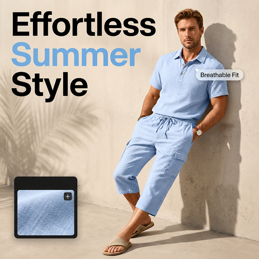 👔 50% RABATT NU! ☀️ Men Summer Linen Set – Loose Shirt & Cargo Shorts – Andningsbart & Stilrent – Perfekt för Sommaren 🌊