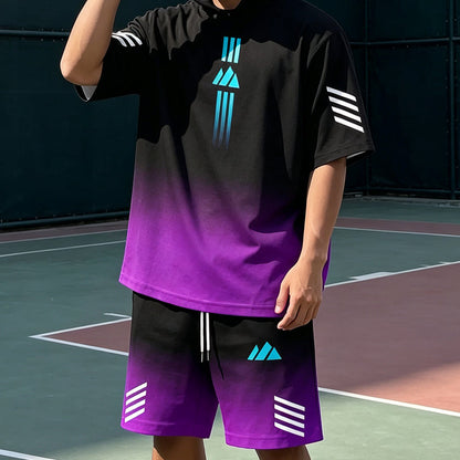 👕 50% RABATT NU! 🌊 Tvådelat Set med Sommar-T-shirt & Shorts för Män – Gradientmönster & Andande Tyg – Perfekt för Streetwear, Sport & Vardag ☀️