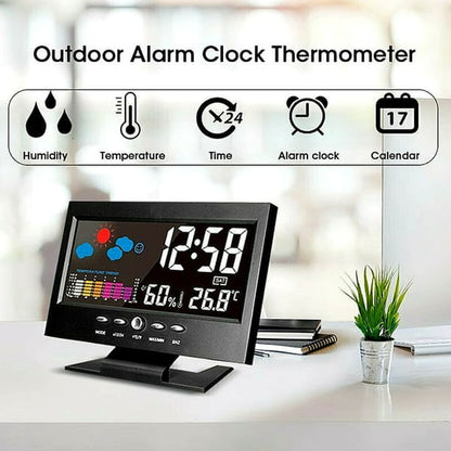 Reloj despertador de mesa LED digital con monitor de temperatura y humedad y pronóstico del tiempo.